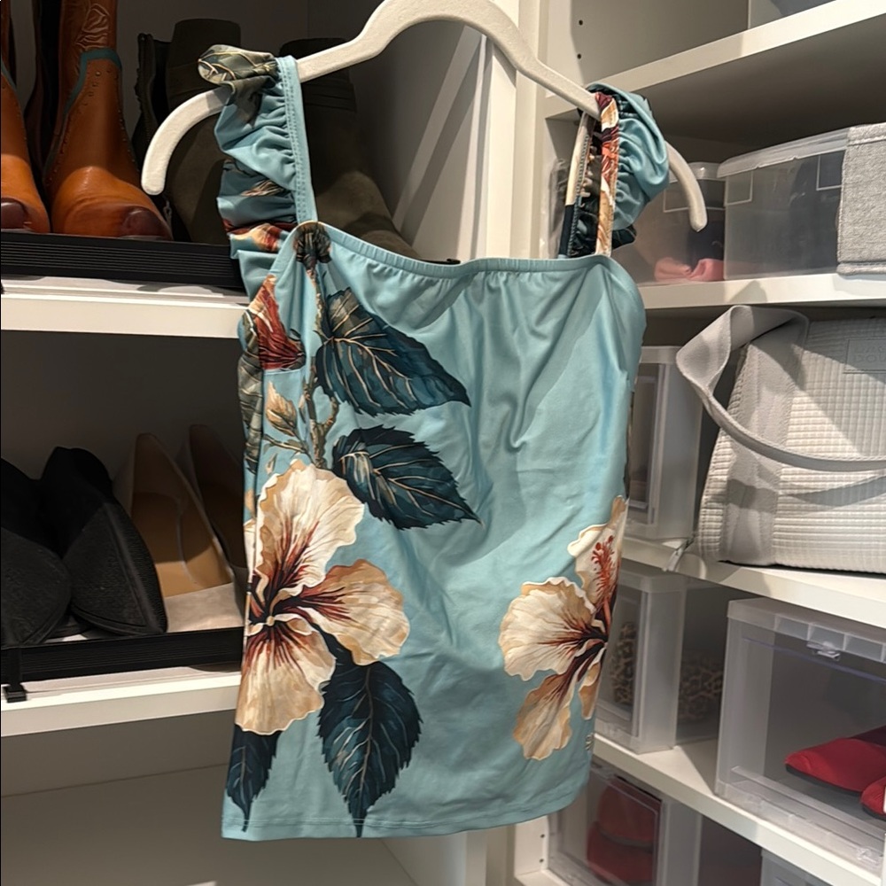 Albion Teal Floral Bikini Top with Cream and Dark Green Accents
